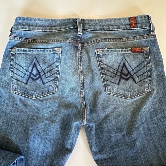 7 For All Mankind Blue Distressed Denim Flare Leg Jeans Style# U130j055u-055u - Picture 8 of 10